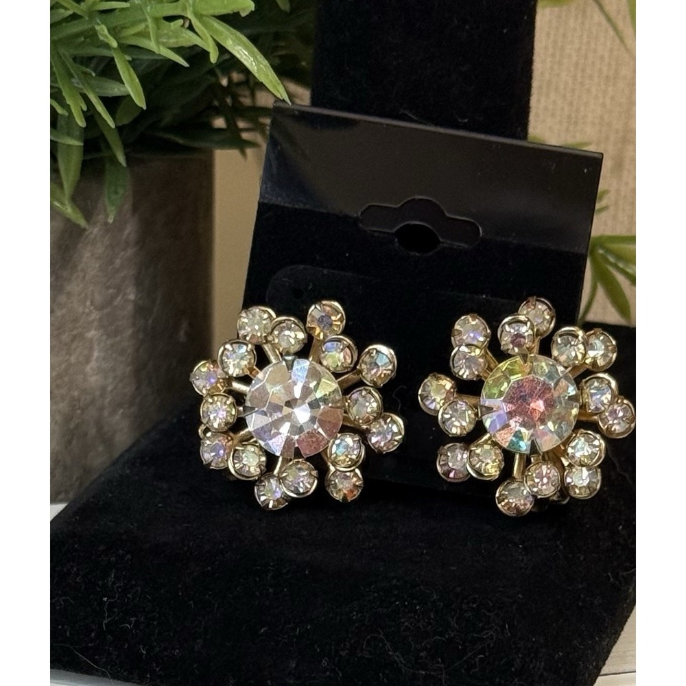 Vtg Snowflake Clip Earrings Amber Color Crystal  Stacked Rhinestone Gold tone